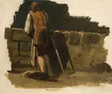 Rückenansicht eines Mannes an einer Mauer by Christian Friedrich Gille, Öl auf Papier auf Pappe, sold Jun 2015