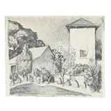 Tank House, Barn & Driveway, Santa Cruz by Lucy Valentine Pierce, Charcoal on paper laid on board, sold Dec 2025