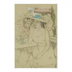 Woman at Café by François Gall, Charcoal and pastel on paper, sold Dec 2025