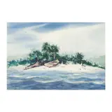 Paradise Beach with Boat by John Kolb McIver, Watercolor and ink on paper, sold Nov 2025