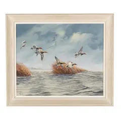 Canvasbacks in Flight by David Maass, Oil on Masonite, sold Nov 2025