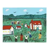Folk Art Painting of Figures on a Farm by Sam Ezell, Acrylic on board, sold Oct 2025
