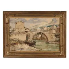 Mostar Bridge by Yeend King, Watercolor and gouache on paper board, sold Oct 2025