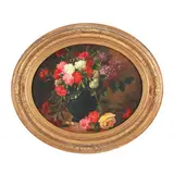 Still Life with Roses and Carnations by F. Romberg, Oil on canvas laid on board, sold Oct 2025