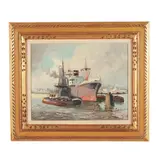 Cargo Ship and Barge in Harbor by Ardri Verveen, Oil on canvas, sold Oct 2025