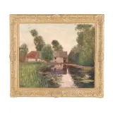 Impressionist Landscape with Millpond by J. Hugo, Oil on canvas, sold Oct 2025