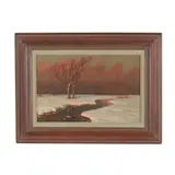 Snowy Landscape with Stream by Serge Sedrac, Oil on board, sold Oct 2025