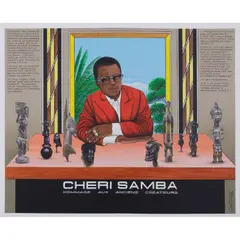 Hommage aux anciens créateurs by Chéri Samba, 1999, Huile, paillettes et collages sur toile, sold Oct 2020