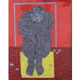 Sans titre (rouge) by Ibrahim Ballo, 2019, Acrylique et tissage sur toile, sold Oct 2020