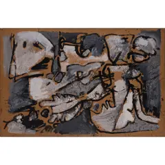 En trois temps by Pierre Alechinsky, 1959, Encre de Chine et détrempe sur papier marouflé sur toile, sold Oct 2021