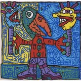Pabeuf l'oiseau et ses deux marottes de discussion by Robert Combas, 1987, Acrylique sur drap marouflé sur toile, sold Dec 2021