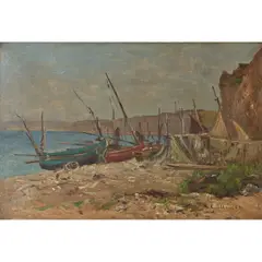 Barques echoués sur la côte normande by Antoine Guillemet, Huile sur toile signée en bas à droite, sold Nov 2021