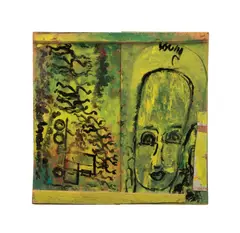 Untitled - Abstract portrait and truck scene by Purvis Young, paint and mixed media on board, sold Oct 2025