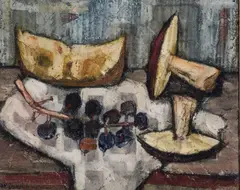 still life painting depicting fruit and mushrooms by Enrico Campagnola, oil on canvas, sold Oct 2023