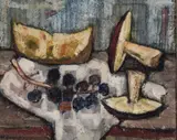 still life painting depicting fruit and mushrooms by Enrico Campagnola, oil on canvas, sold Oct 2023