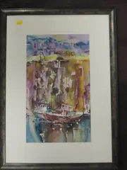 Vibrant harbour scene by Lynee Frost, watercolour, offered Mar 2022