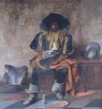 Depicting a seated soldier polishing by Adolphe Alexander Lesrel, oil, offered Oct 2026