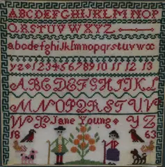 Embroidered Sampler by Jane Young, oil, offered Oct 2026