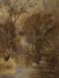An autumnal river scene with swans by C Whittaker, oil, offered Oct 2026