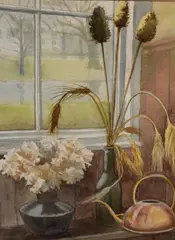 A still life cottage window study with vases of by Pat Dyson, oil, sold Oct 2026