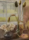 A still life cottage window study with vases of by Pat Dyson, oil, sold Oct 2026