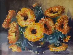 Still life study of a vase of vibrant flowers by Marion Bloom, oil, sold Oct 2026
