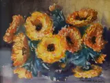 Still life study of a vase of vibrant flowers by Marion Bloom, oil, sold Oct 2026