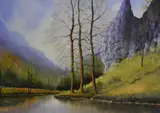 A mountainous river scene by Geoff Kersey, oil, offered Oct 2026