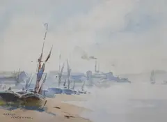 Beached fishing boats by Gerald Ackermann, watercolour, sold Jul 2024