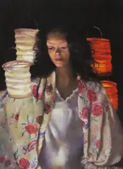 Anna with paper lanterns by Robert Lenkiewicz, lithograph, sold Jul 2024