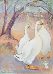 Geese before a landscape by Madge Bright, oil on board, sold Jul 2024