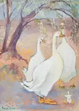 Geese before a landscape by Madge Bright, oil on board, sold Jul 2024