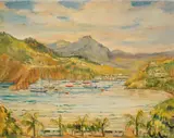 Bay with fishing boats by Angela Thorne, oil on canvas, offered Jul 2024