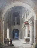 Cathedral interior with kneeling figure by Charles-Marie Bouton, oil on board, sold Jul 2024