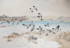 Lapwings in flight by Winifred Austen, 1944, watercolour on card, sold Jul 2024