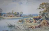 Figures haymaking beside a river by Henry John Kinnaird, watercolour, sold Jul 2024