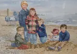 Beach scene with children by Mary Gundry, 1997, watercolour, sold Jul 2024