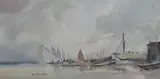 Harbour view with moored boats by Sybil Mullen Glover, watercolour, sold Jul 2024
