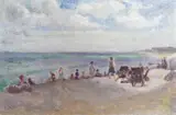 Beach scene with figures by Harold Hope Read, oil on canvas, sold Jul 2024