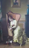 Interior scene with seated lady and by Louis François Desmarest, oil on canvas, sold Jul 2024