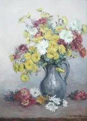 Still life of flowers in a jug by Jeanne Lauvernay-Petitjean, oil on canvas, sold Jul 2024