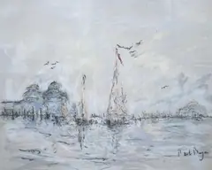 Coastal view with sailing boats by Paul Maze, pastel, sold Jul 2024