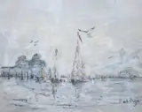 Coastal view with sailing boats by Paul Maze, pastel, sold Jul 2024