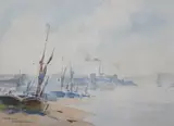 Beached fishing boats by Gerald Ackermann, watercolour, sold Jul 2024