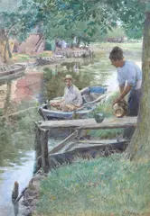 On the riverbank by William Rainey, watercolour, sold Jul 2024