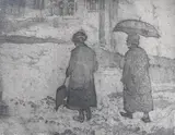 To Church by Andrew Freeth, etching, offered Jul 2024