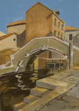Landscape with bridge over water by John Booth, acrylic, sold Jul 2024