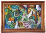 Surrealist abstract by Peter Rodulfo, oil on board, sold Oct 2024