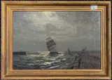 Shipping / harbour scene lit by moonlight by Charles Tracy, oil, sold Oct 2024