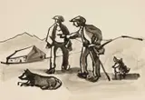 Inkwash - two figures and two dogs by Kyffin Williams, pencil, sold Apr 2025